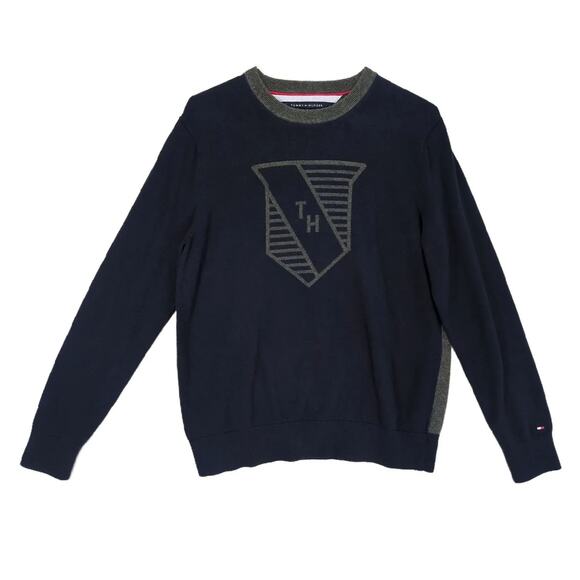 Tommy Hilfiger Men's L TH Crest Knit Crew Sweater Top Navy Gray Preppy Classic - Picture 1 of 6